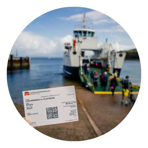 People boarding ferry with ferry ticket in the foreground