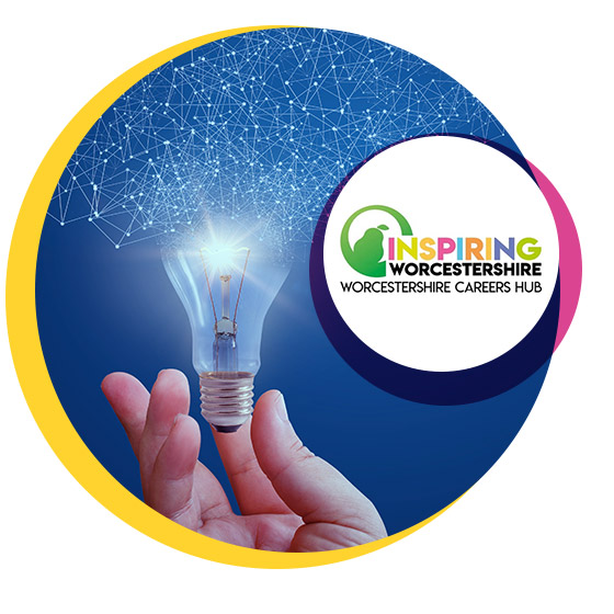 Icon with a hand holding a lightbulb with an inset icon of Worcestershire Careers Hub logo