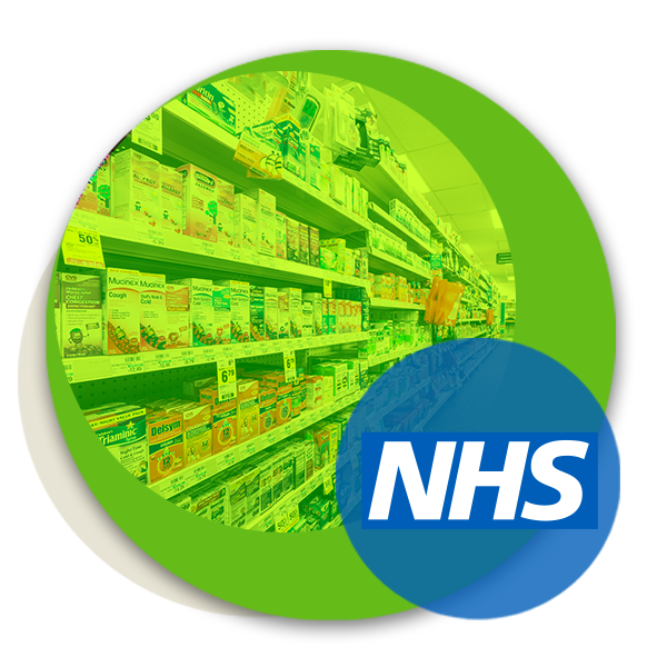 An image of the shelves of a pharmacy with the NHS logo