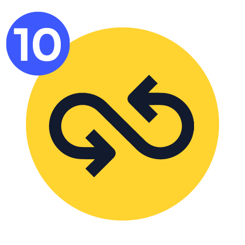 An icon of a infinity symbol with arrows and number 10