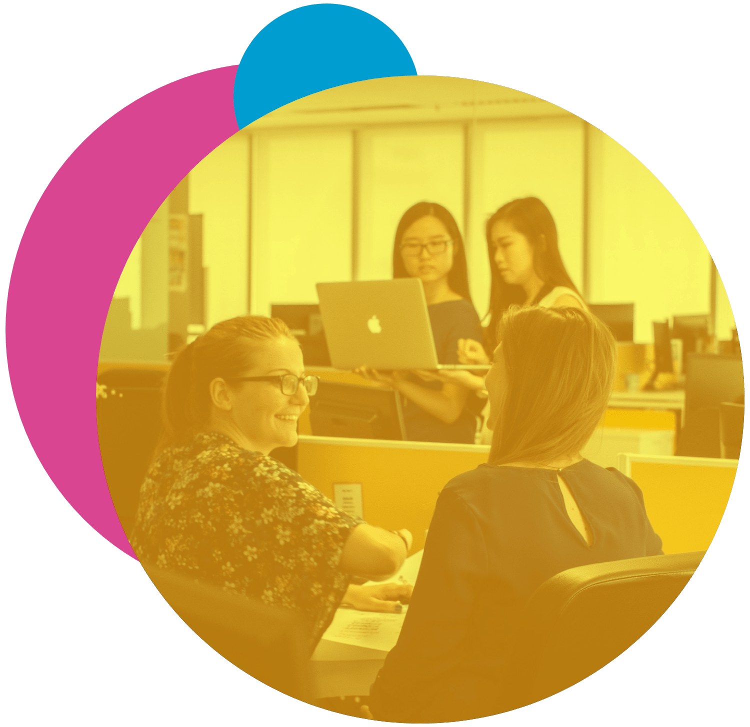 an image of two women sat talking at a desk and two women stood talking holding a laptop in the background