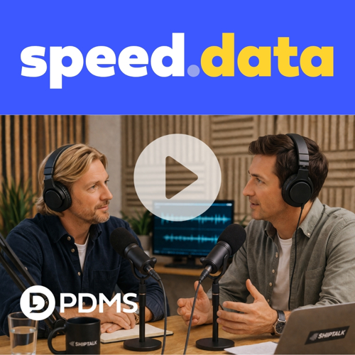 A photo of two men recording a podcast with the title Speed Data above