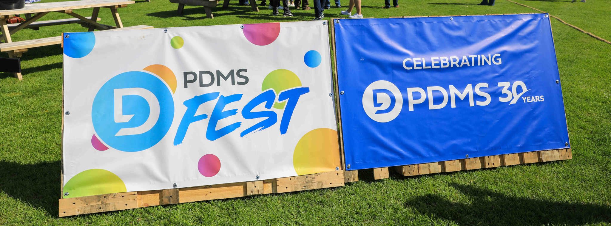 Banners reading PDMS Fest and the PDMS 30 years logo, with people socialising at a party outside in the background