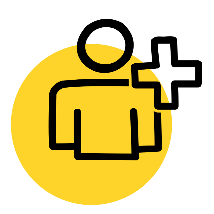 An image of a person and a cartoon plus symbol