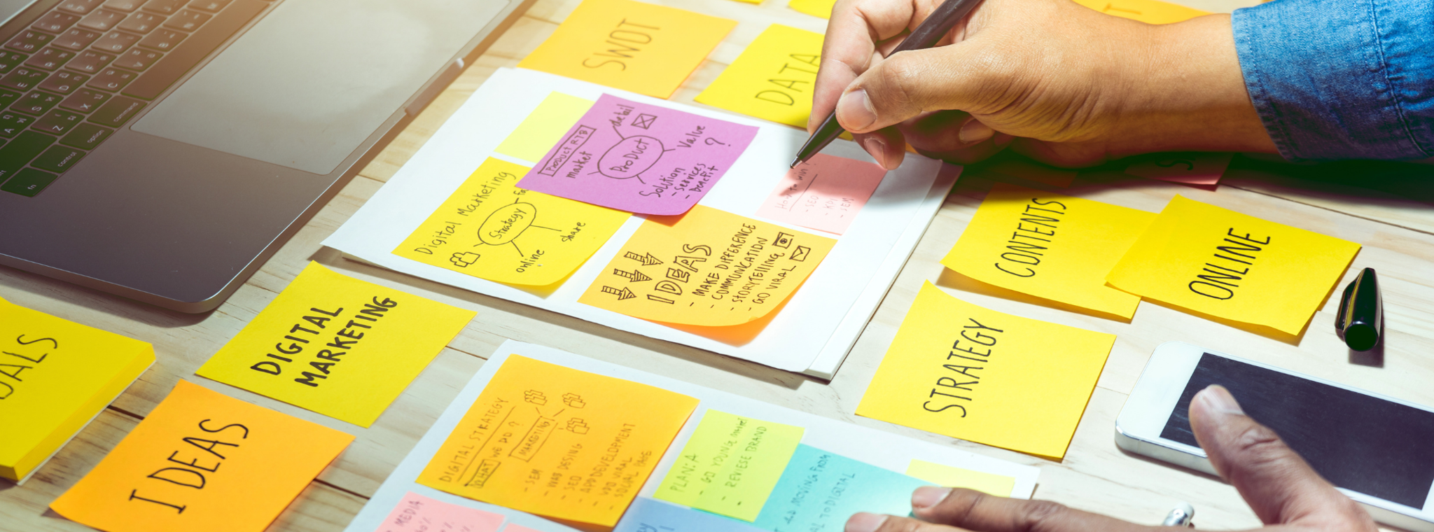 An image of post it notes with different content strategies listed on it