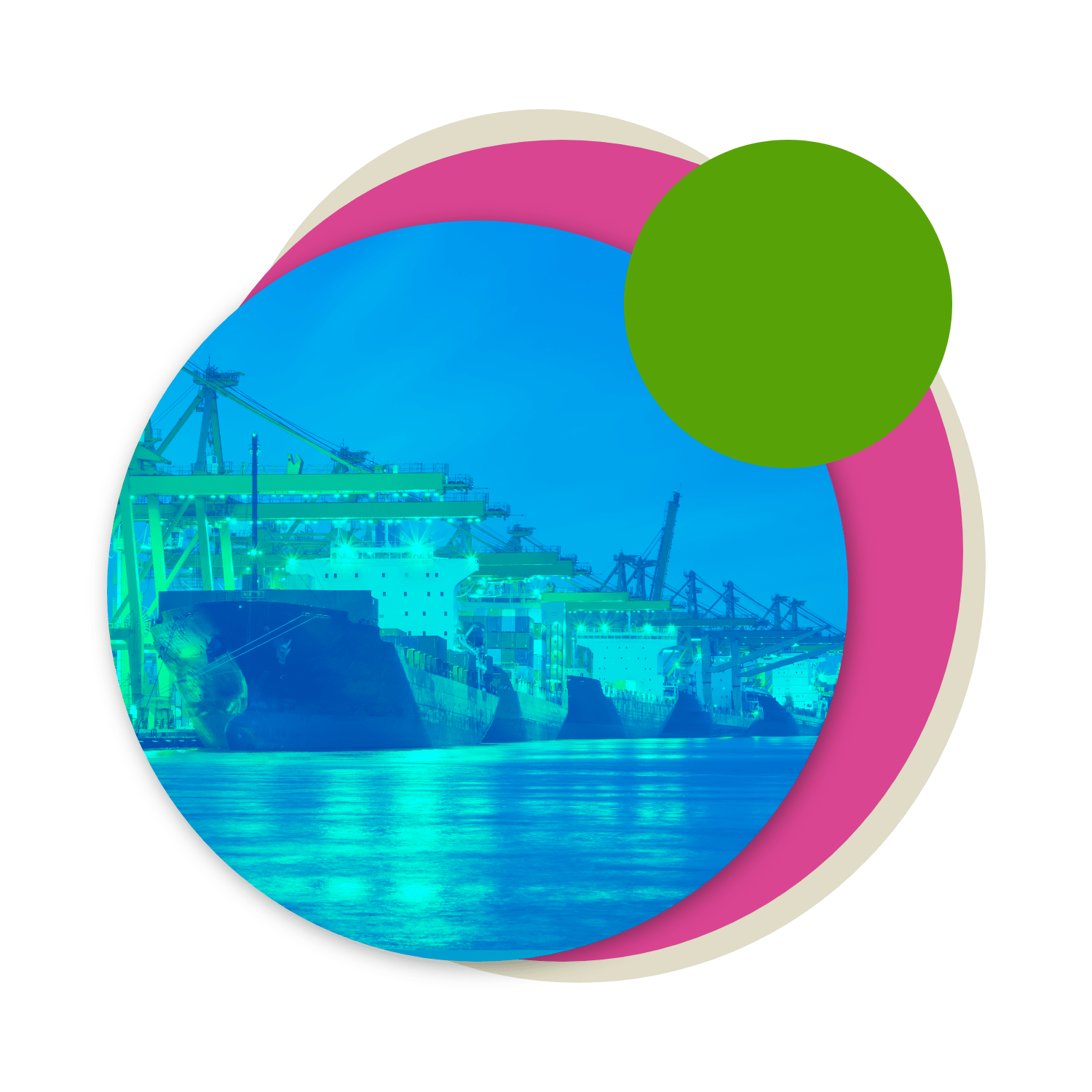 Circular image of maritime vessels docked in water in an orderly single file