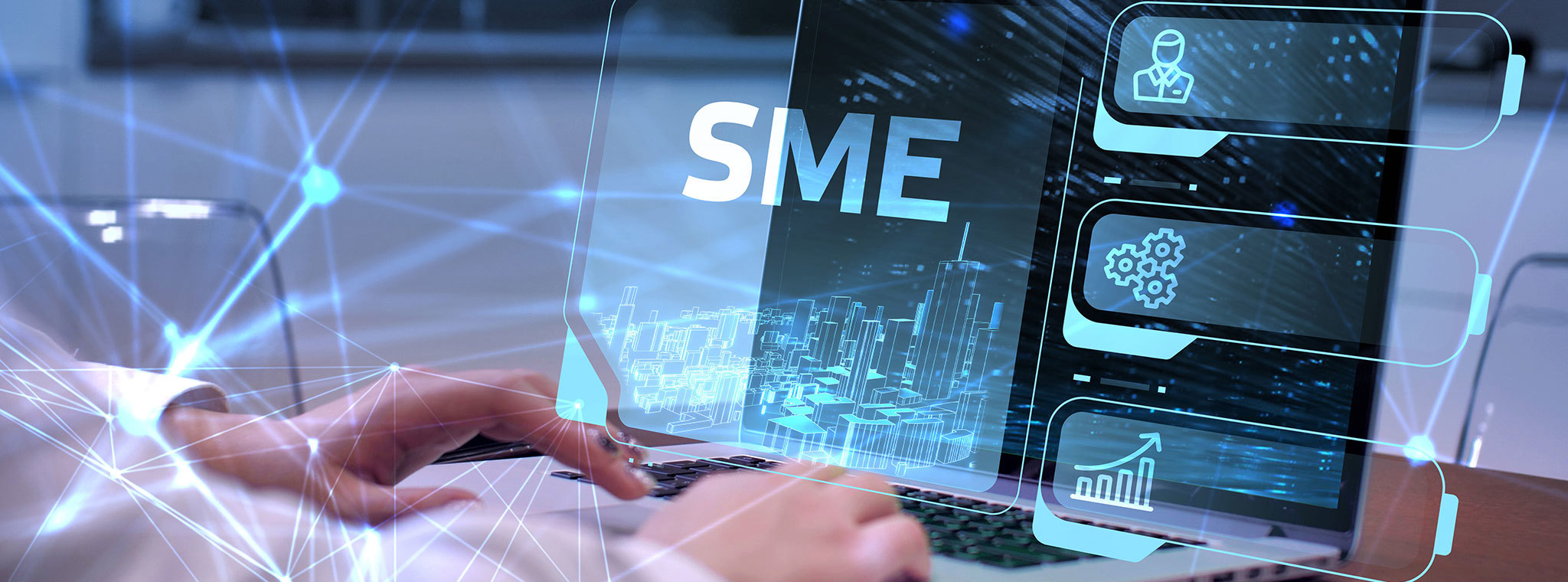 A young entrepreneur working on a virtual screen of the future and sees the inscription: SME