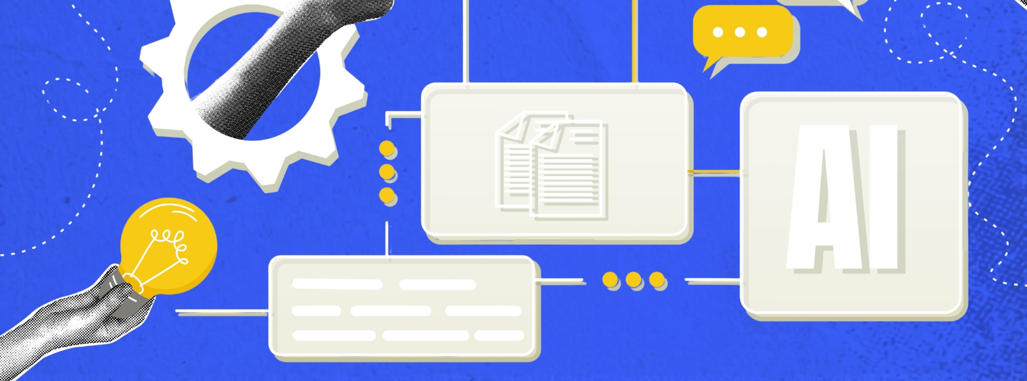 An image of human hands interacting with an artificial intelligence interface in a halftone style