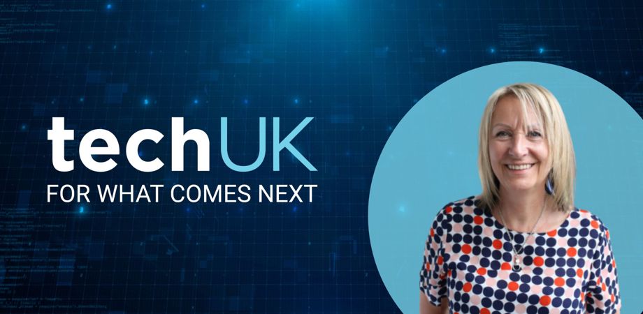 An image of Jane Dellar alongside the techUK logo with the tagline 'for what comes next'