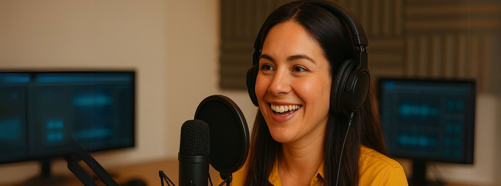 A photo of a woman wearing headphones talking into a podcast mic