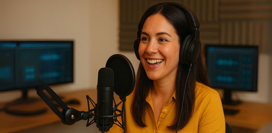 A photo of a woman wearing headphones talking into a podcast mic