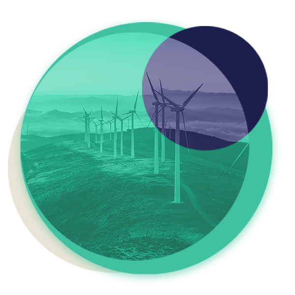 An aerial photo of wind turbines