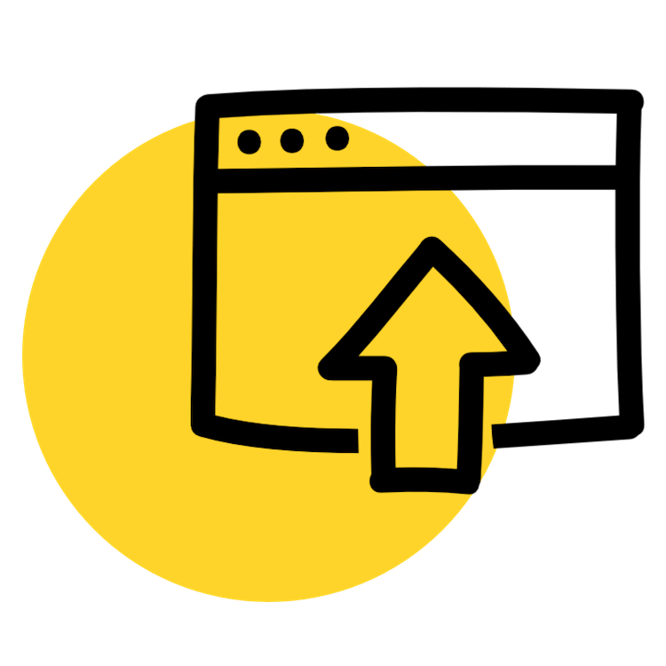 cartoon outline of arrow uploading onto a browser