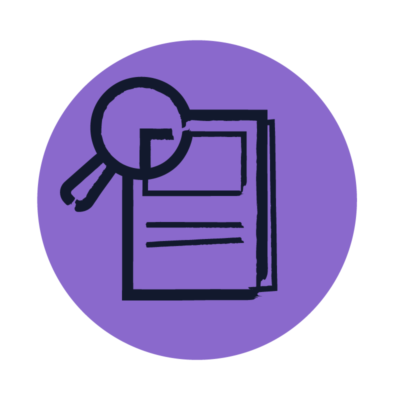 cartoon graphic of paper with magnifying glass against a purple background