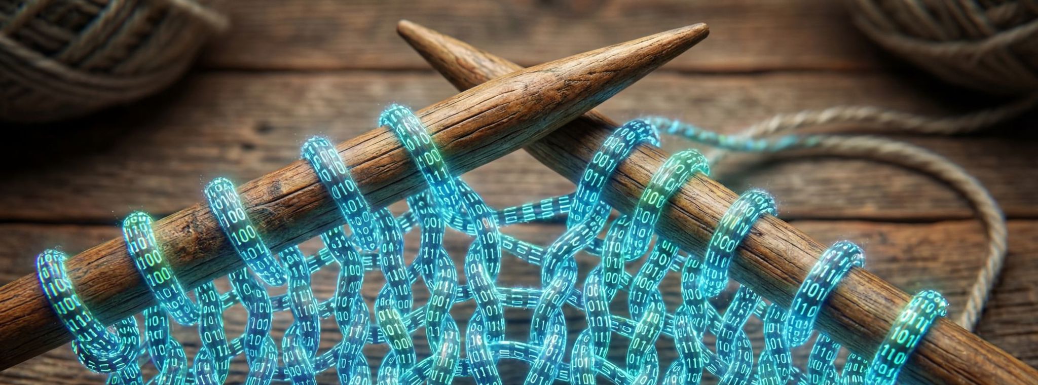 Knitting needles weaving glowing binary code into a digital fabric