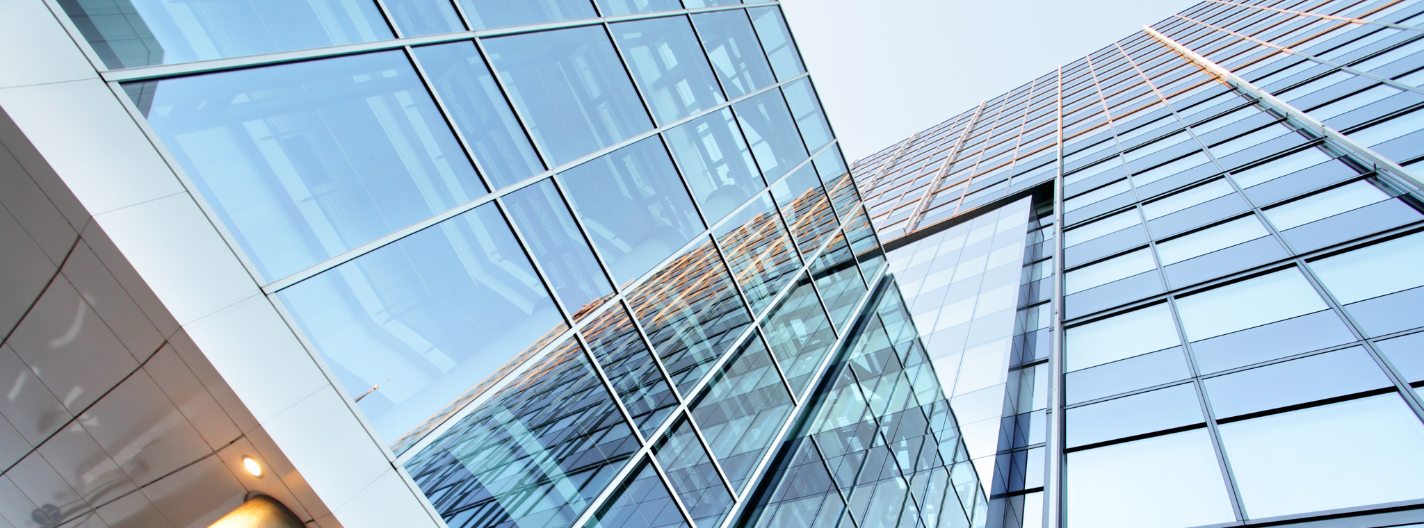 An image taken from the ground of some skyscrapers