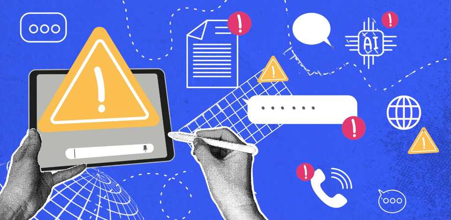 Digital threat alert with exclamation marks across data and AI icons to represent the data estate