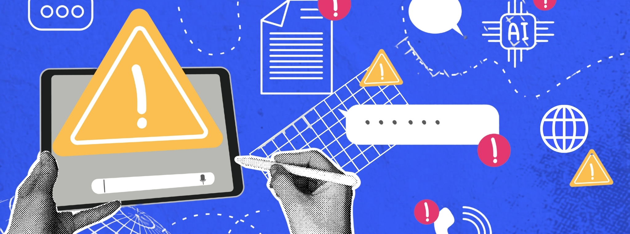 Digital threat alert with exclamation marks across data and AI icons to represent the data estate