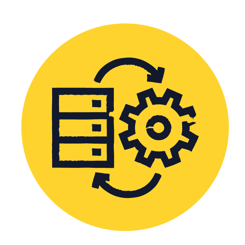 cartoon graphic of clog and drawers linked by arrows against a yellow circle