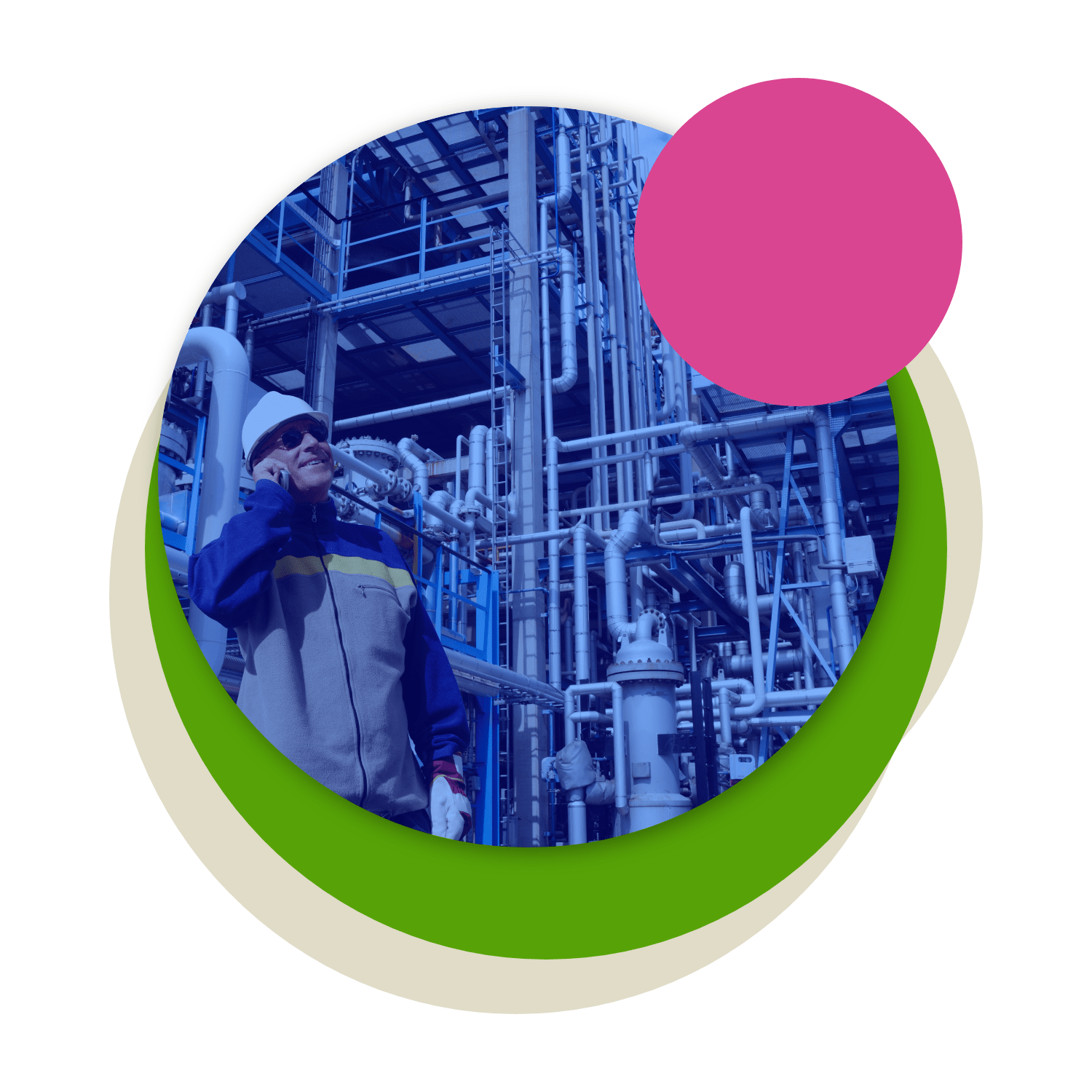 Circular illustration of man on phone with engineering pipes in the background