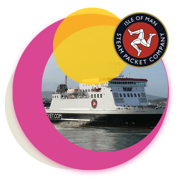 circular image of steampacket vessel in water with steampacket logo in top right corner