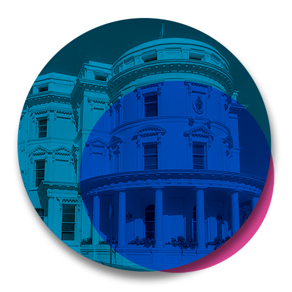 Circular illustration with Isle of Man Government building