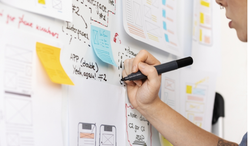 Hand writing on a whiteboard during design process workshop