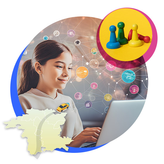 An icon of a girl using a laptop with an inset icon of game pieces and a country map
