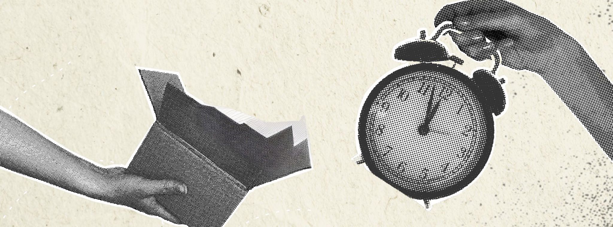 Halftone image of an alarm clock being removed from a box to symbolise saving time