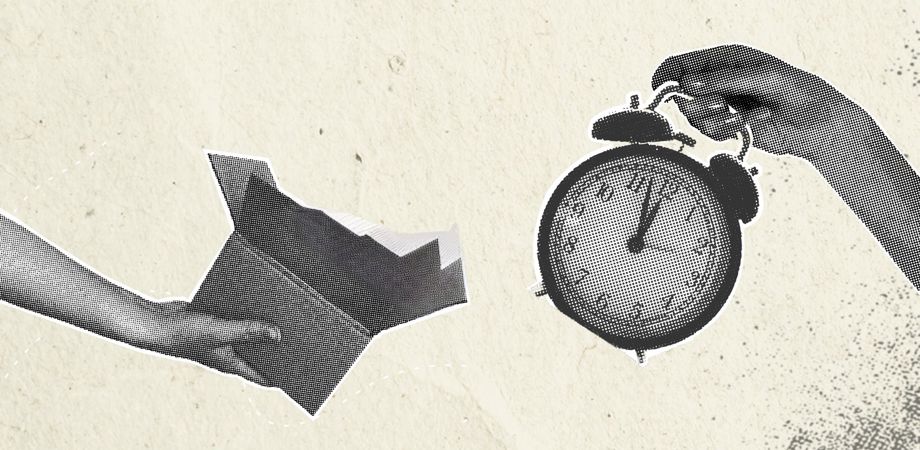 Halftone image of an alarm clock being removed from a box to symbolise saving time