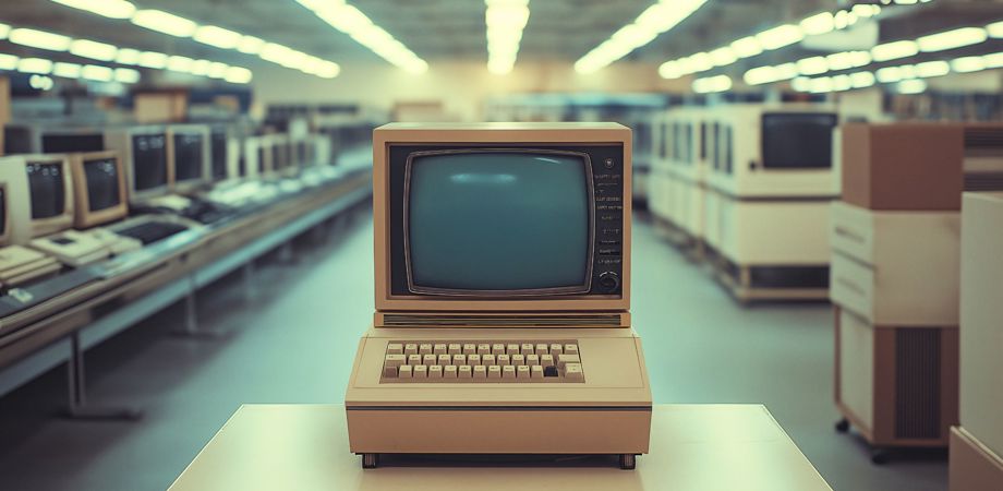 A photo of a retro computer on wooden table, 1980s style, to represent a legacy system in a modern workplace