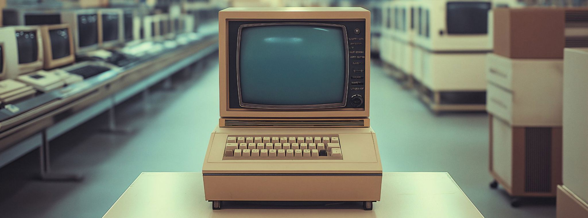 A photo of a retro computer on wooden table, 1980s style, to represent a legacy system in a modern workplace