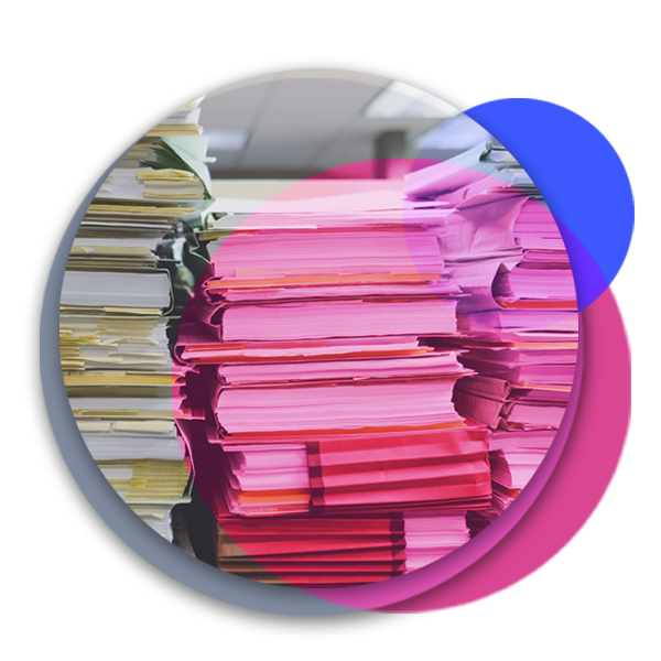 Circular illustration with pile of paperwork to process