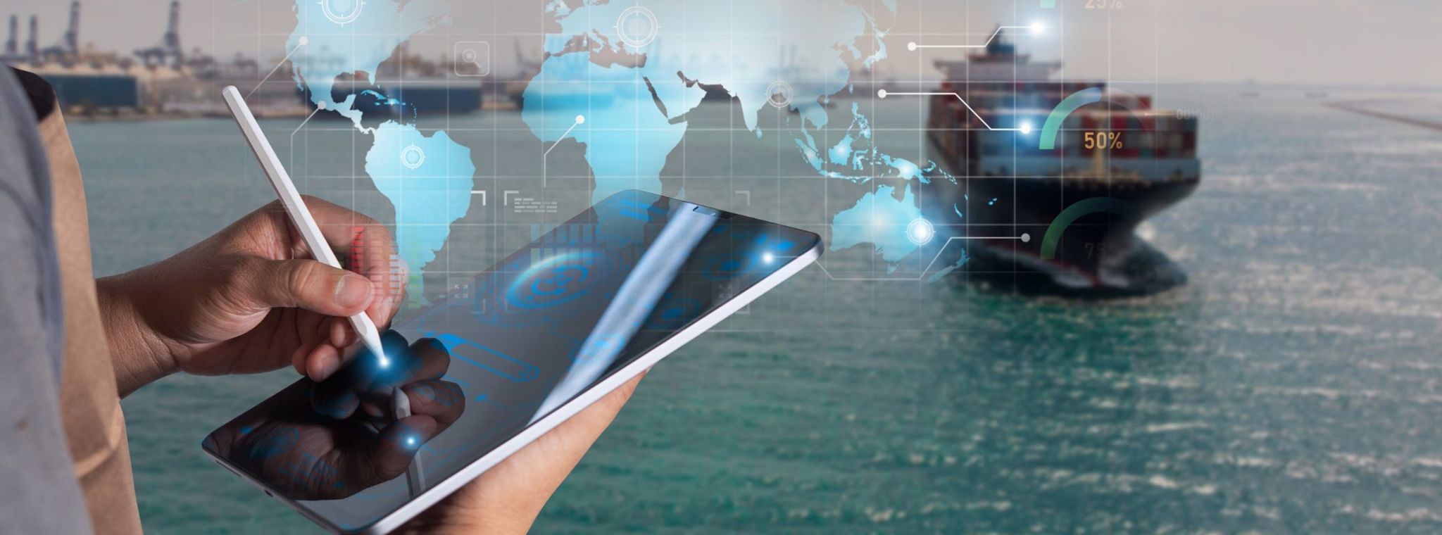 Person using digital tablet for global cargo tracking with futuristic interface overlay, ship and port background