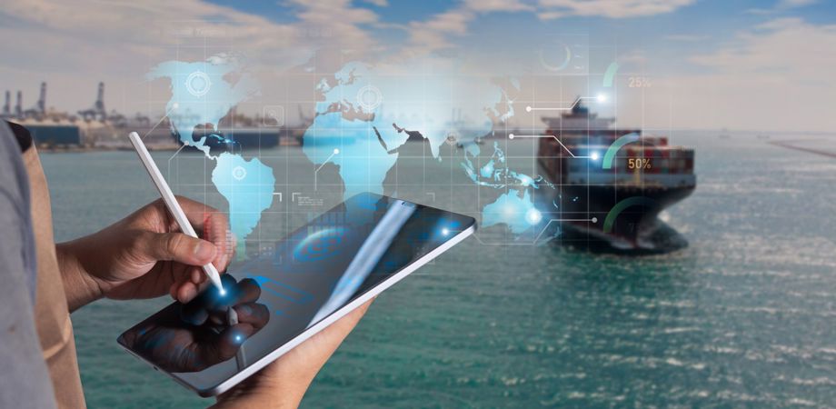 Person using digital tablet for global cargo tracking with futuristic interface overlay, ship and port background