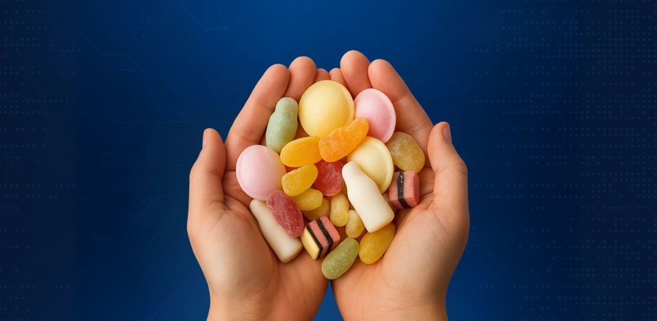 A hand holding a selection of pick and mix sweets in front of a blue digital background
