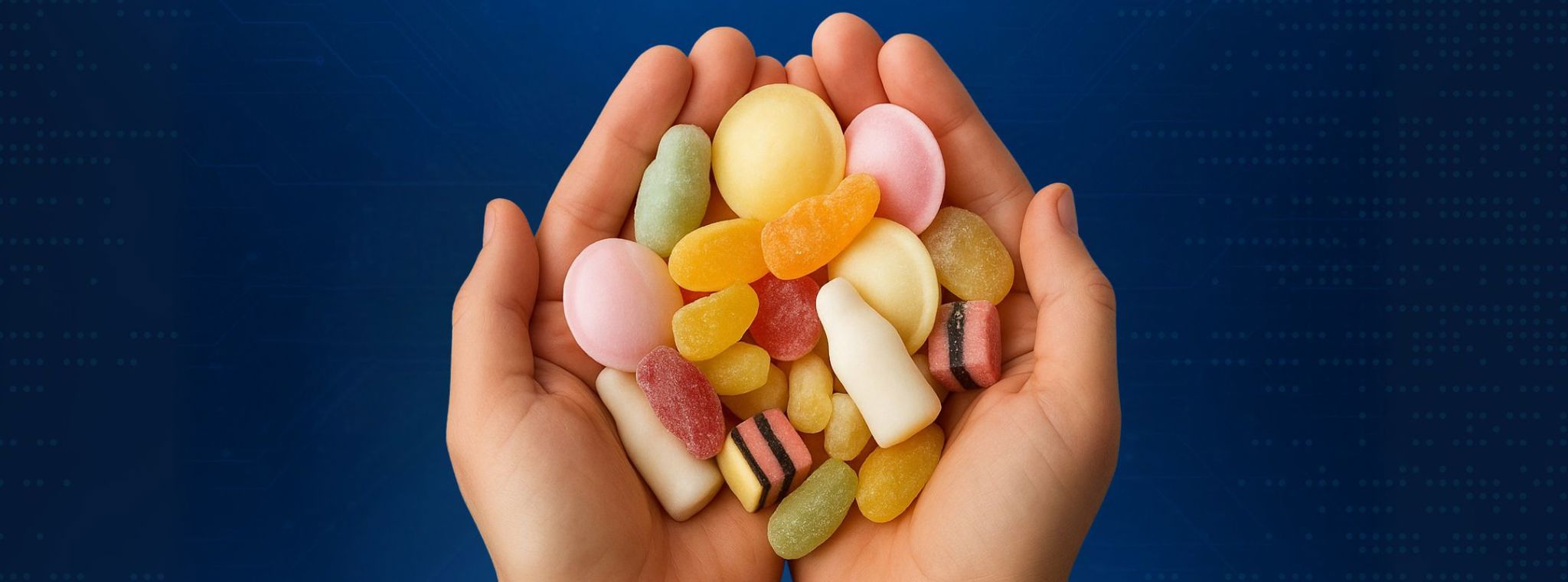 A hand holding a selection of pick and mix sweets in front of a blue digital background