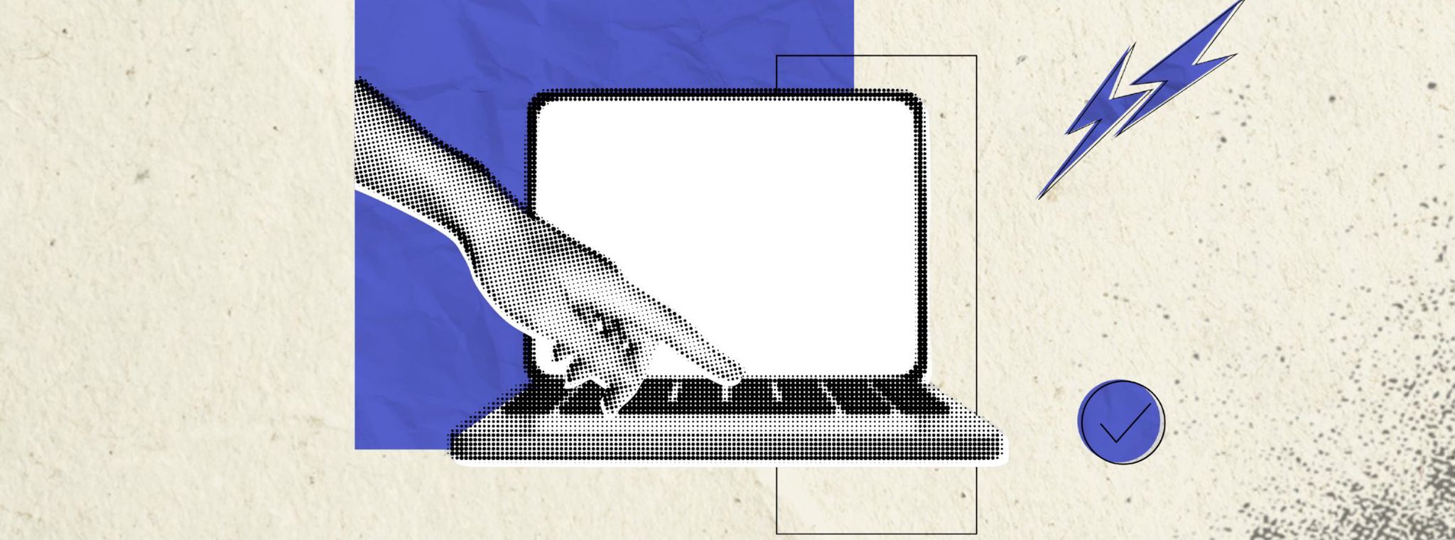 Halftone illustration of a hand reaching for button on computer laptop 