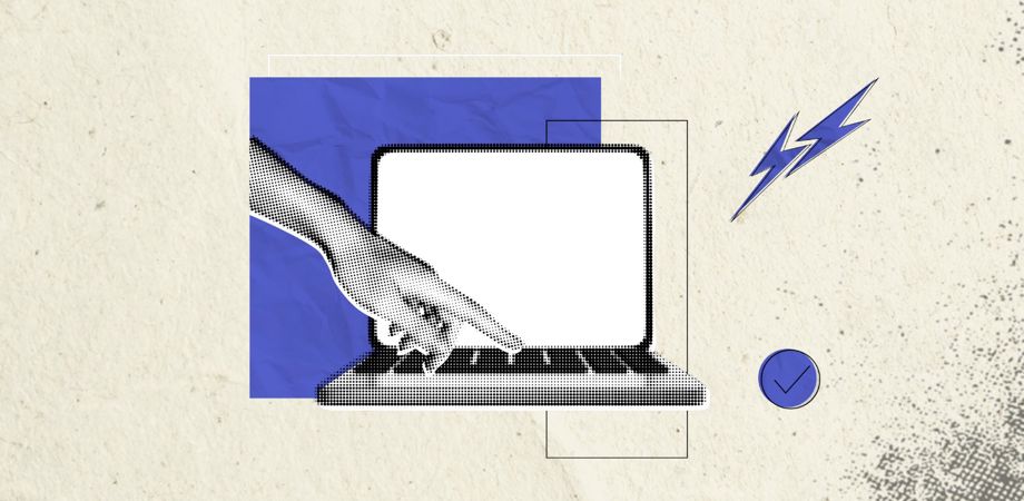 Halftone illustration of a hand reaching for button on computer laptop 