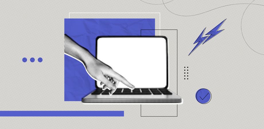 Halftone illustration of a hand reaching for button on computer laptop 