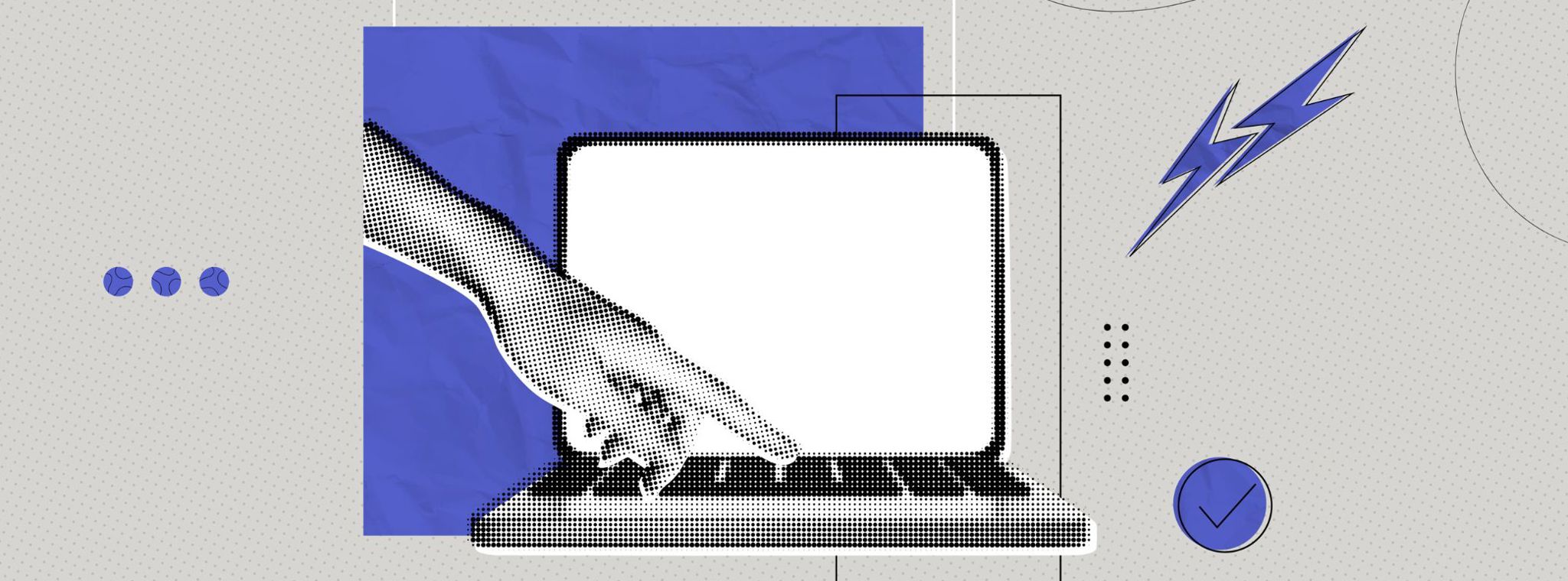 Halftone illustration of a hand reaching for button on computer laptop 