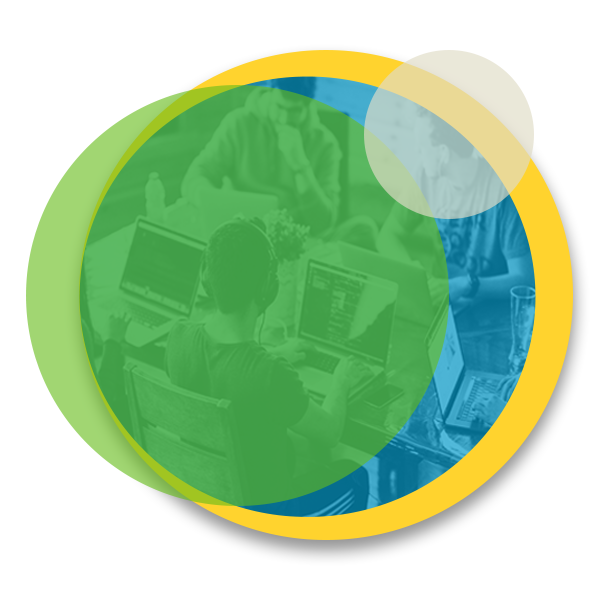 Circular Illustration of a team of analysts working on computers