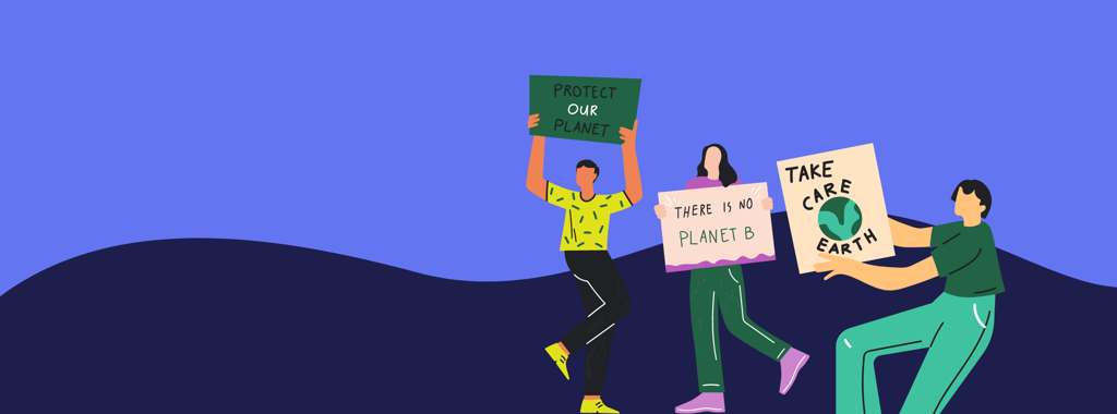 An illustration of people holding placards promoting sustainability and Net Zero