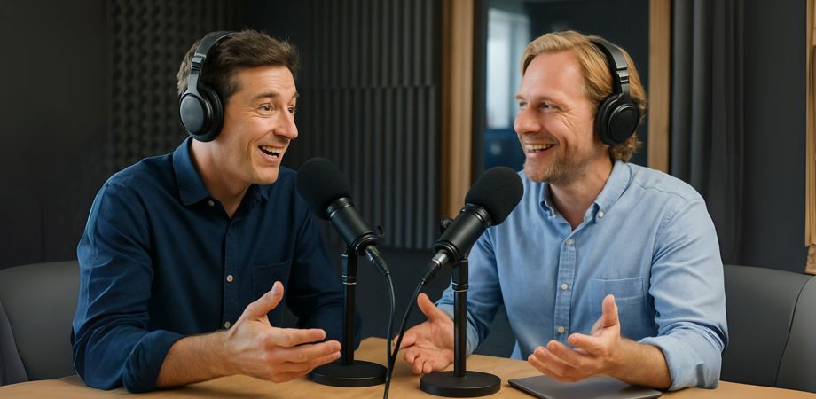 A photo of two men with headphones talking into a podcast microphone in a recording studio