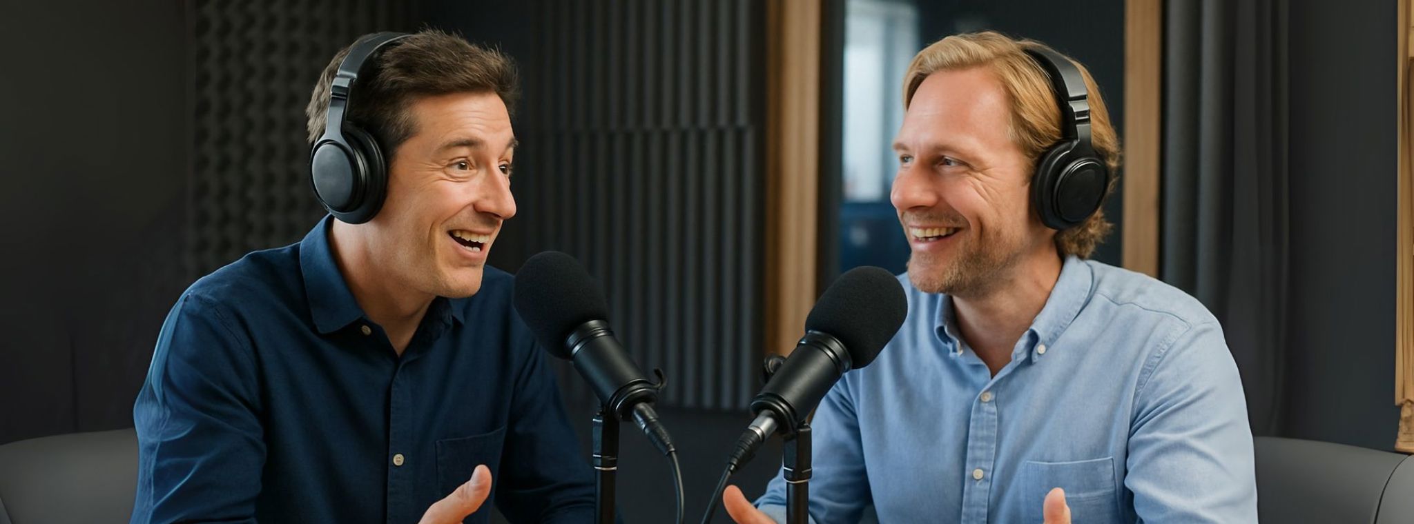 A photo of two men with headphones talking into a podcast microphone in a recording studio