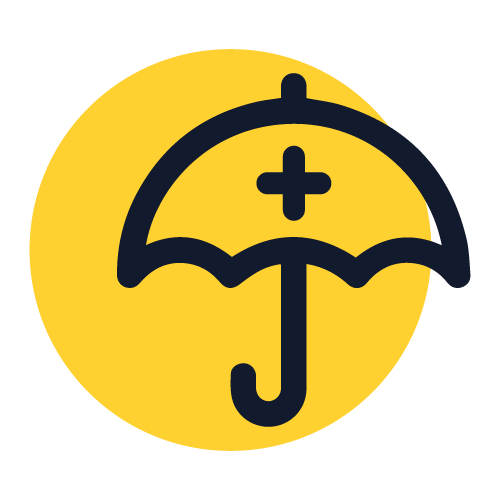 An icon of an umbrella with a health symbol inside