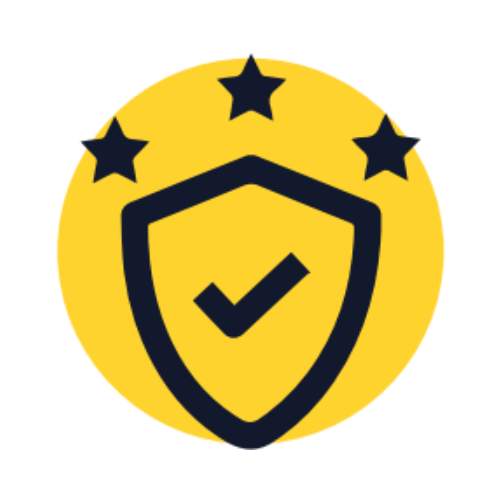 An icon of a shield with a tick and three stars