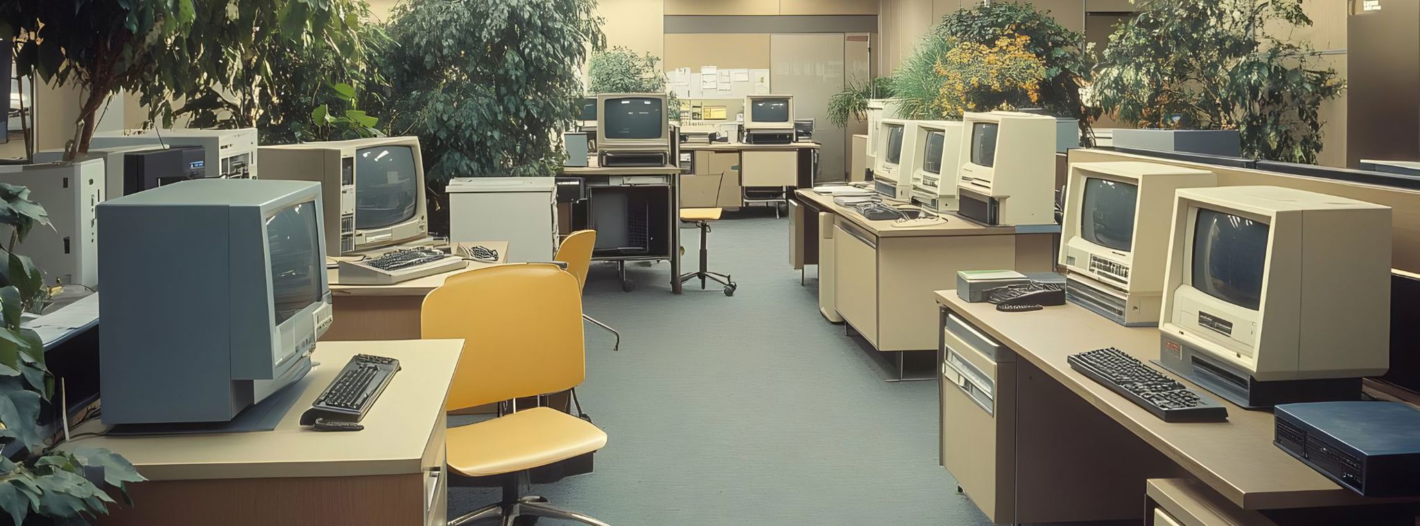 Fictional government department open-plan office with old computers, generated with AI