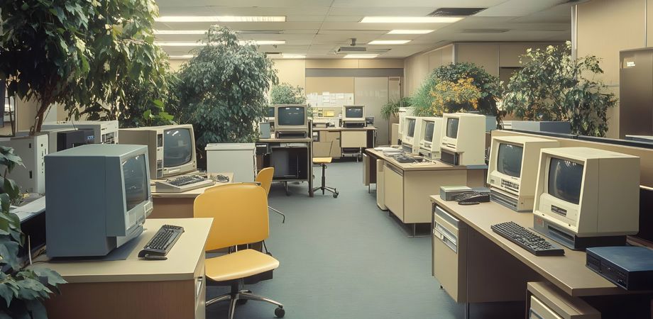 Fictional government department open-plan office with old computers, generated with AI