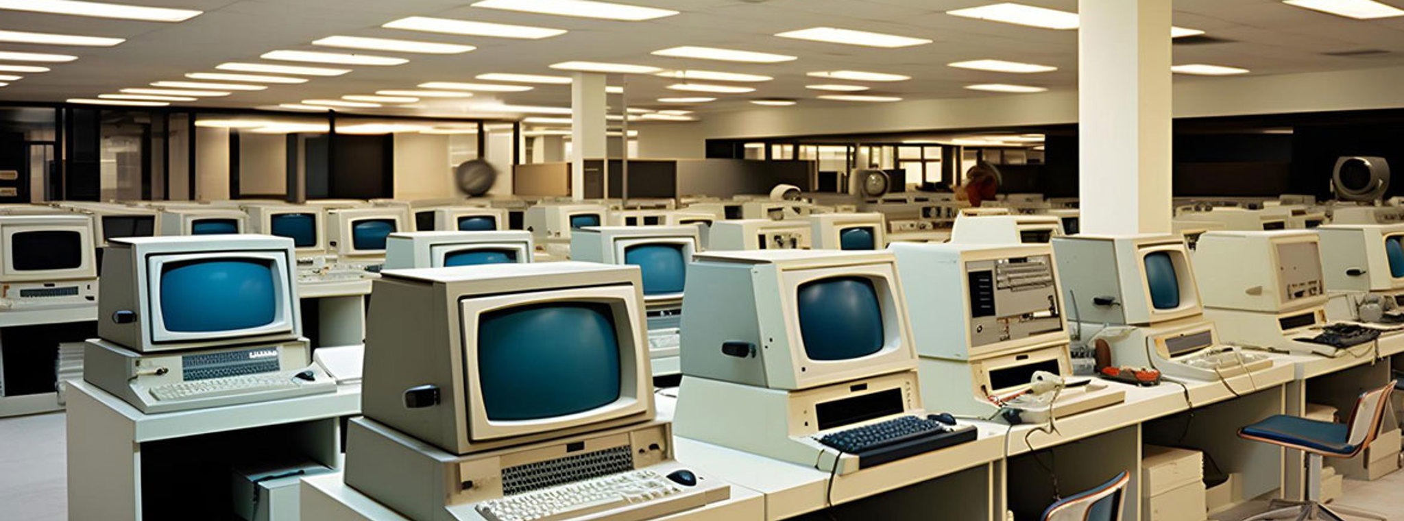 Fictional government department open-plan office with old computers, generated with AI